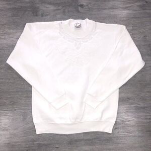 Vintage 90s White Knit Sweatshirt Pullover Crewneck Lee Made In USA Size Large
